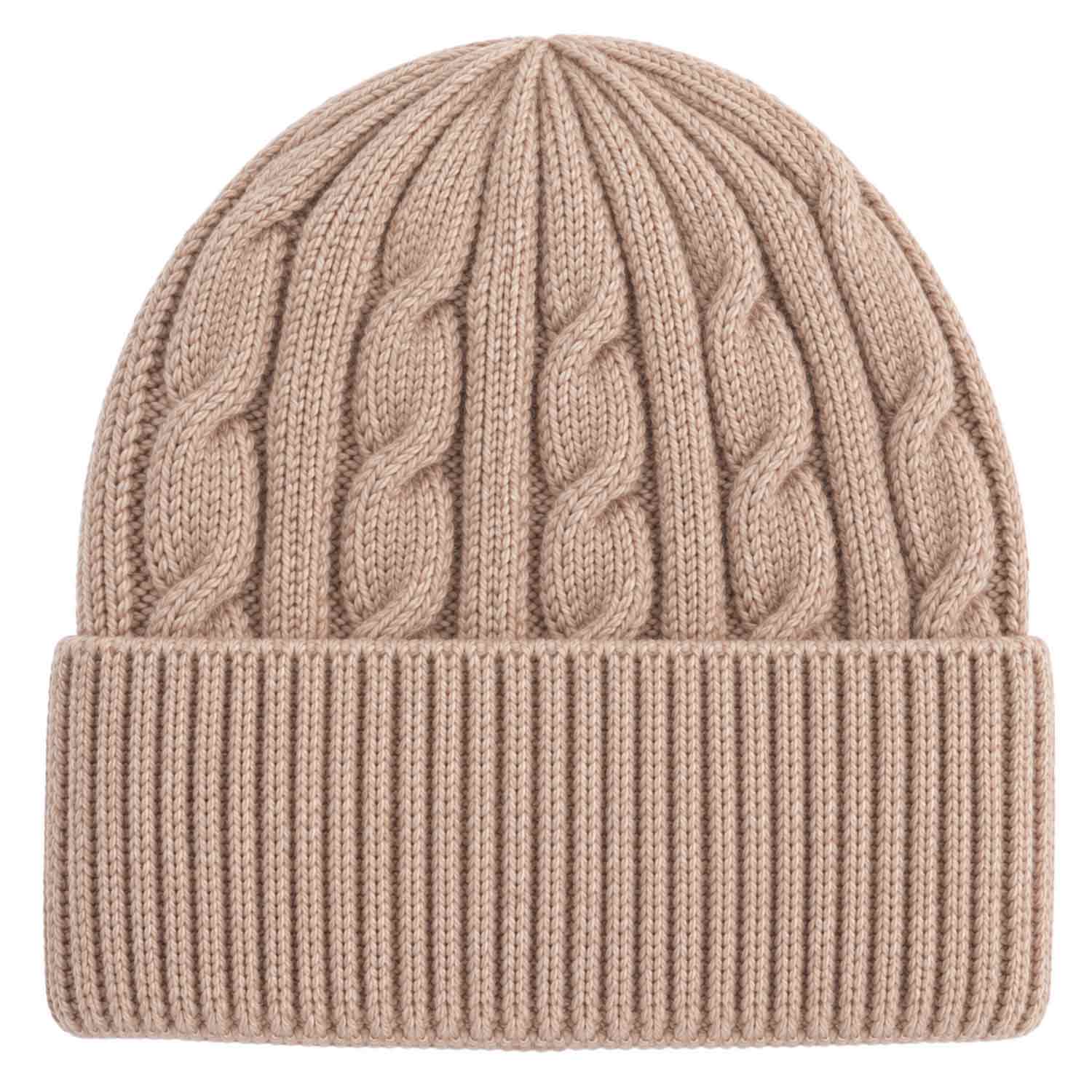 Cashmera Beanie Strickmütze mit Zopfmuster und Umschlag - braun Abbildung 1
