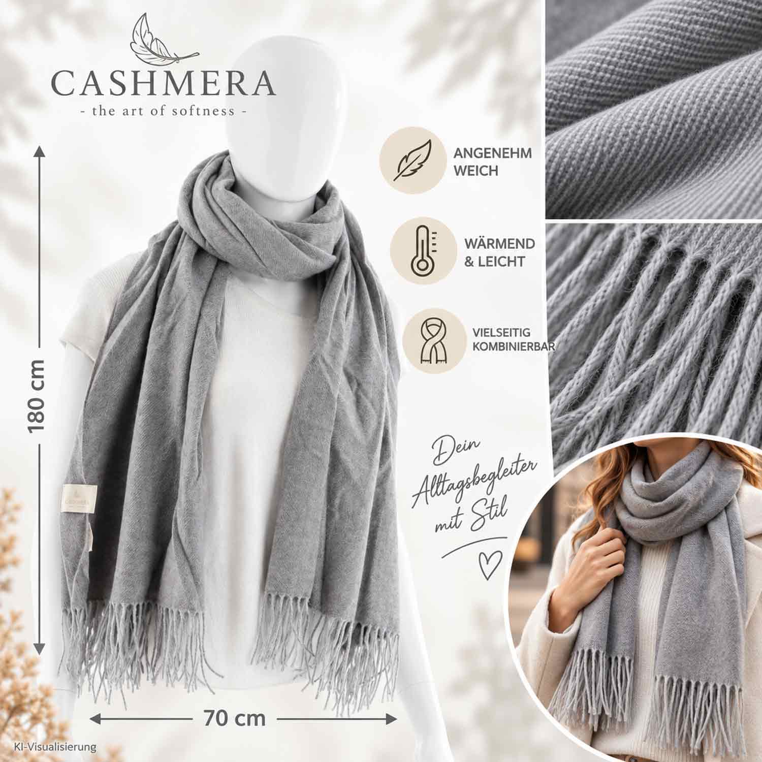 Cashmera Damen Winterschal - grey Abbildung 3
