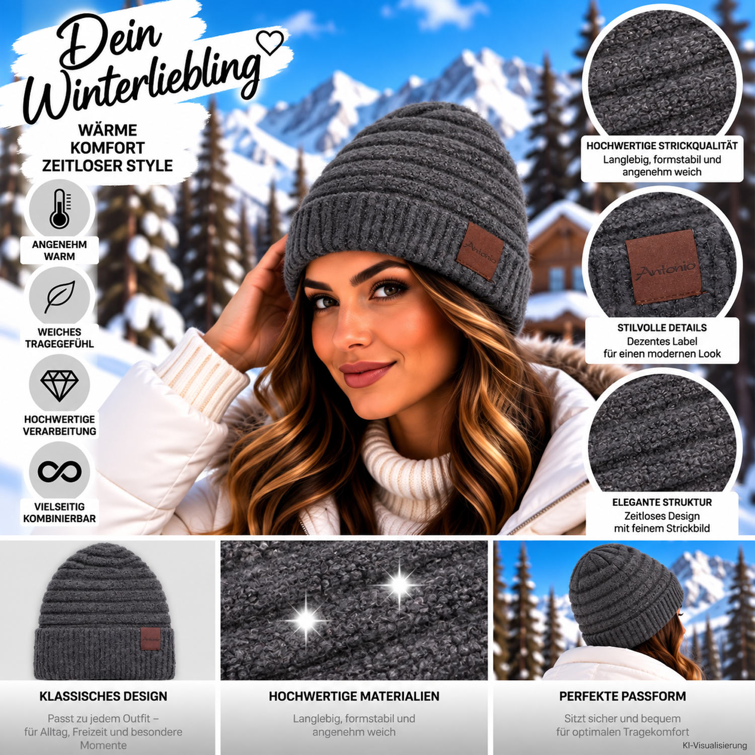 Antonio Damen Strick Mütze Bouclé Beanie - grey Abbildung 3