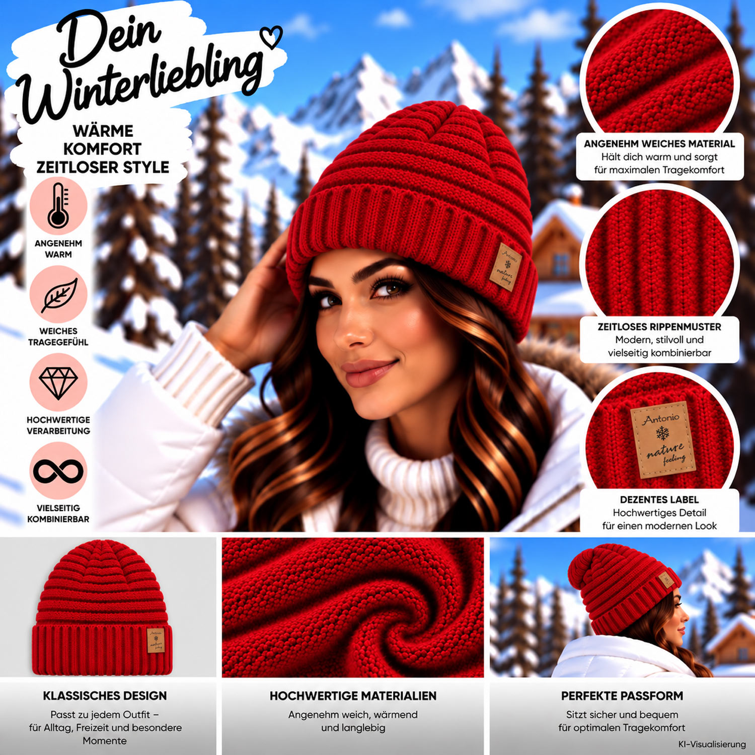 Antonio Damen Strick Mütze Bouclé Beanie - sangria Abbildung 3