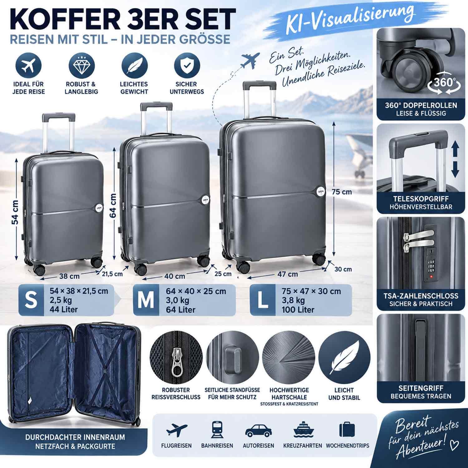 DYX 4 Rollen Koffer 3er Set S/M/L Los Angeles silver Abbildung 3