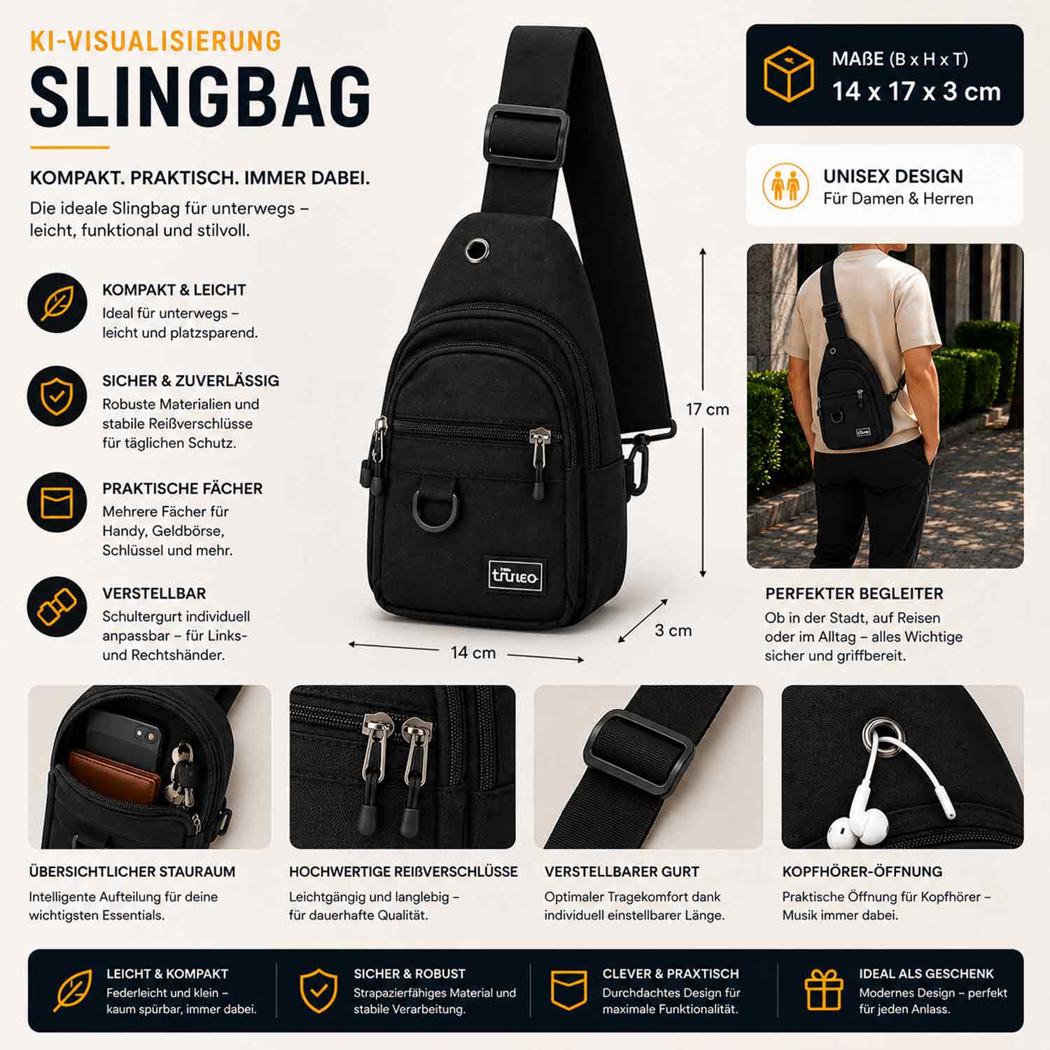 TheTrueC Unisex Slingbag Umhängetasche - Black Abbildung 3
