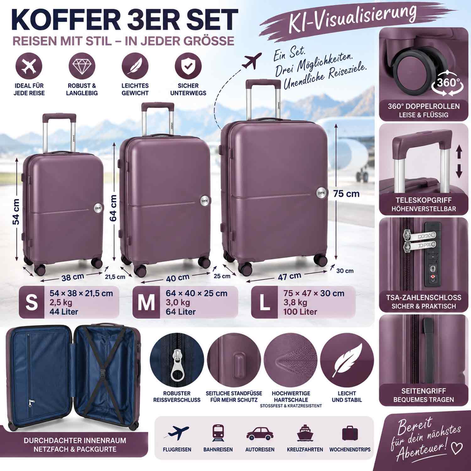 DYX 4 Rollen Koffer S 54 cm Los Angeles d.purple Abbildung 2
