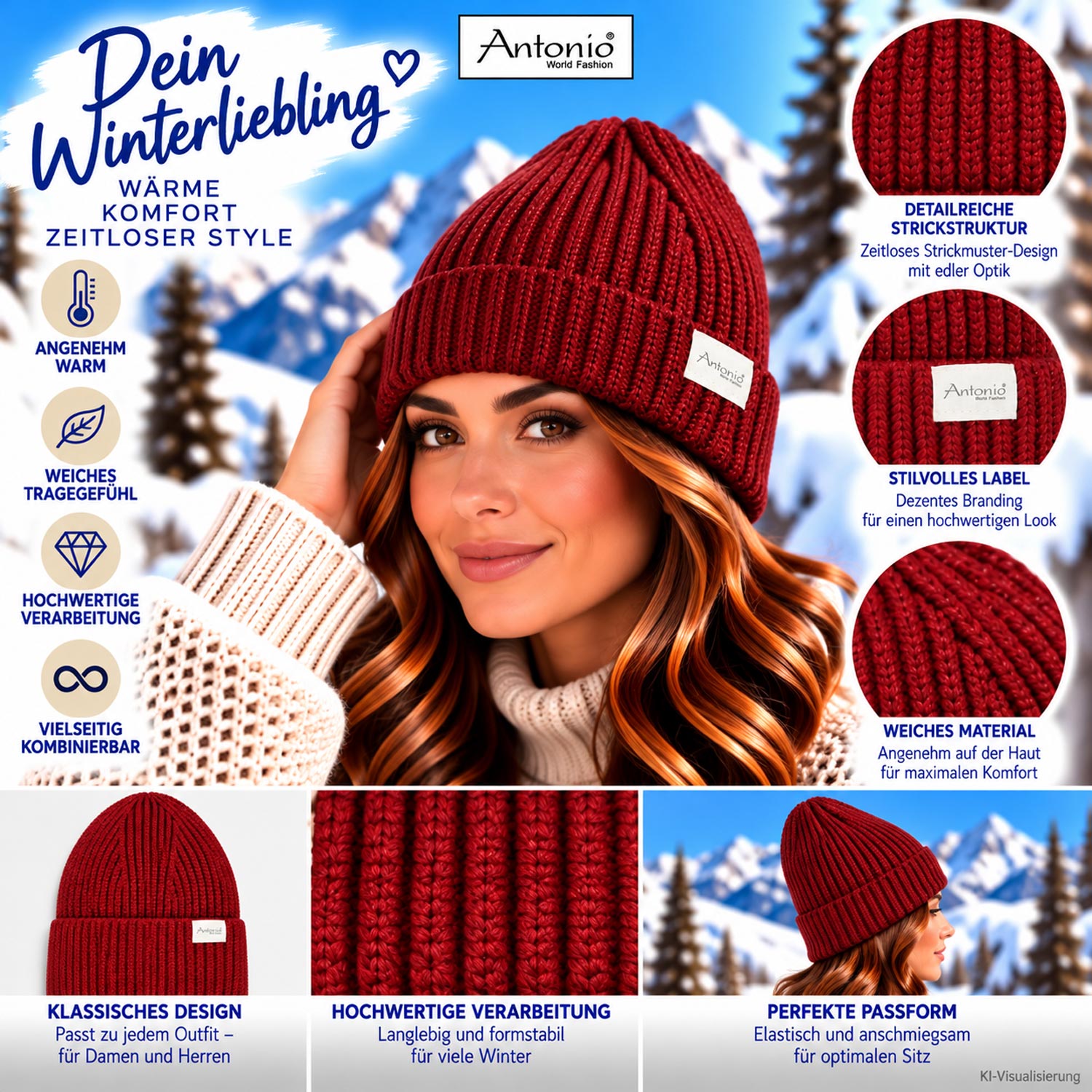 Antonio Strickmütze Beanie  mit Lurex und Umschlag - Red Abbildung 3