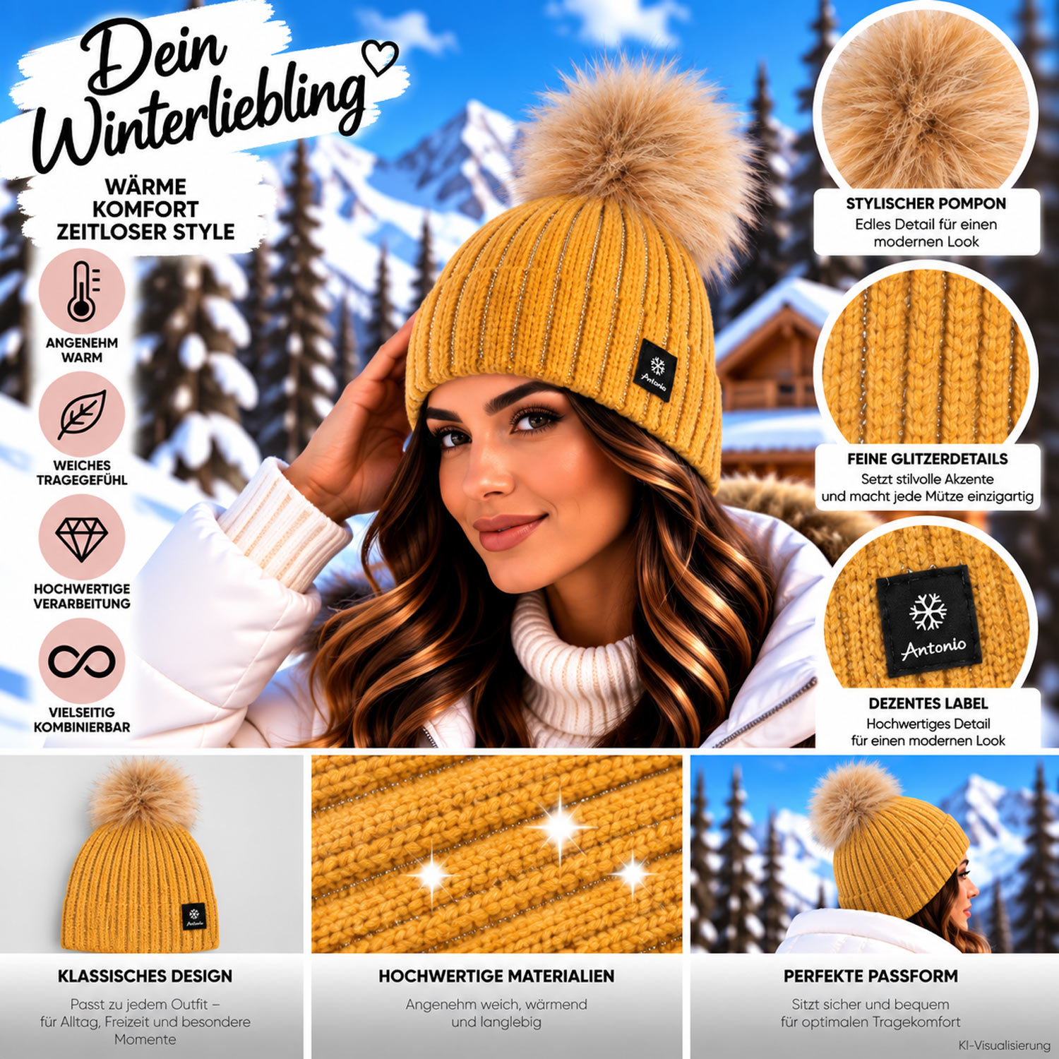 Antonio Damen Winter Strick Mütze Beanie W23/24 yellow Abbildung 3