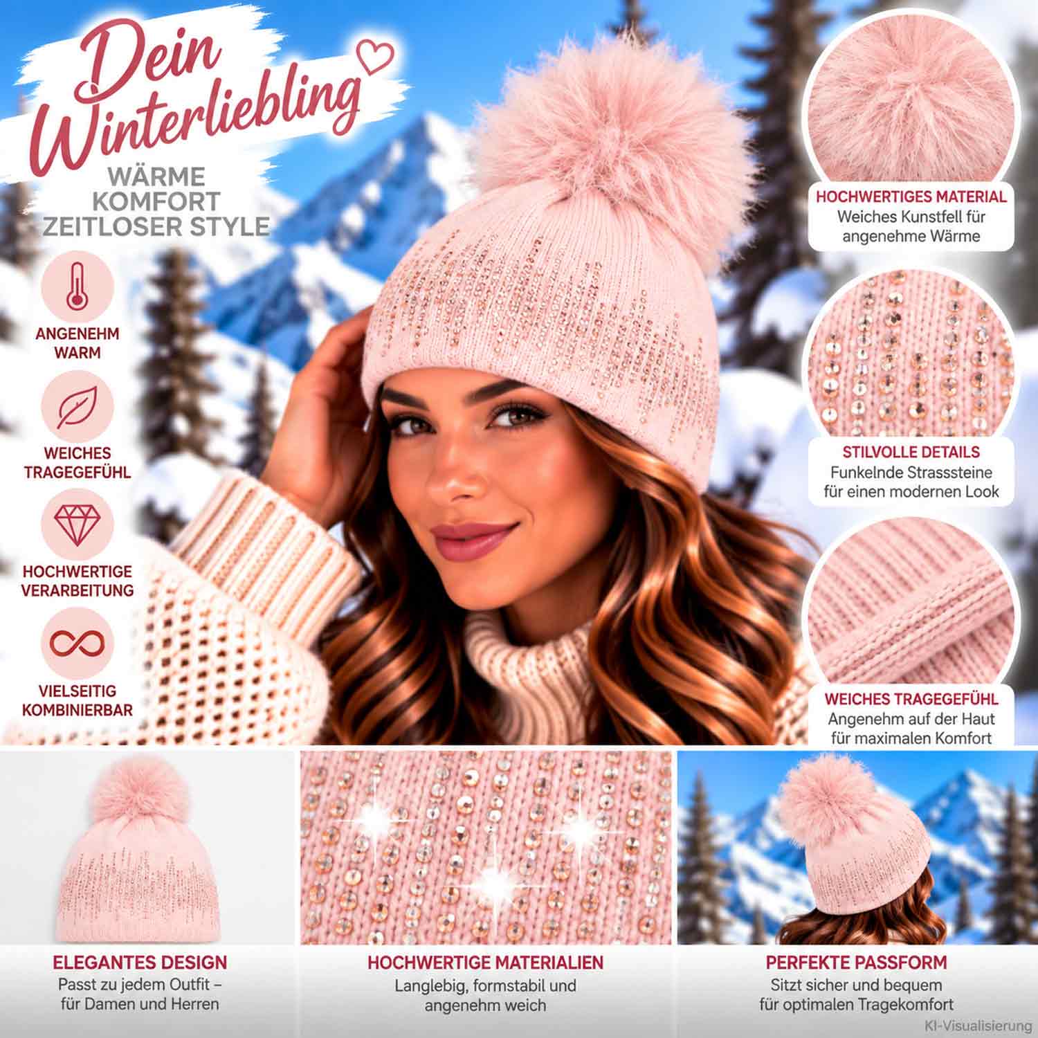 Antonio Strick Mütze Beanie mit Bommel W23/24 pink Abbildung 3