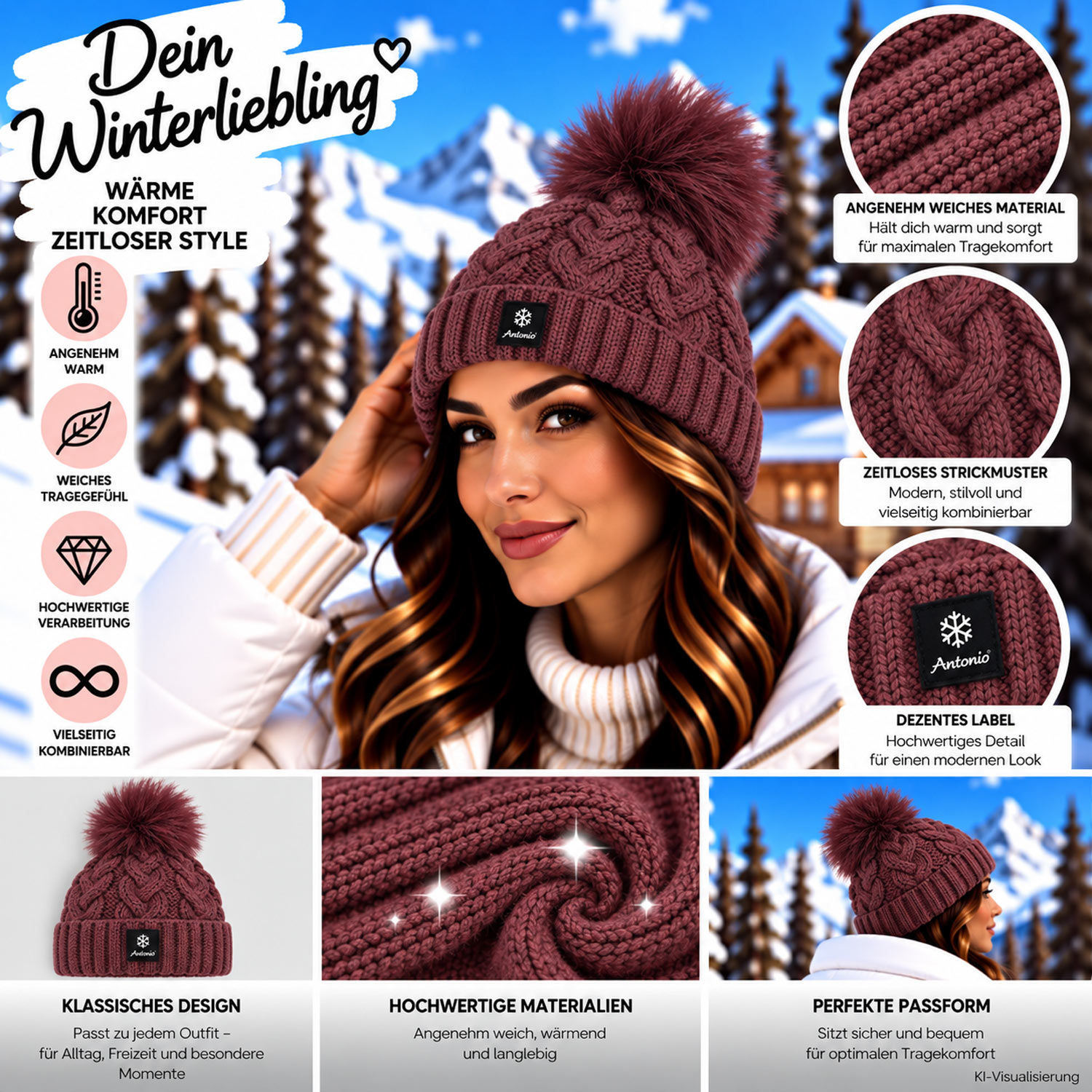 Antonio Damen Strick Mütze Beanie - bordeaux Abbildung 3