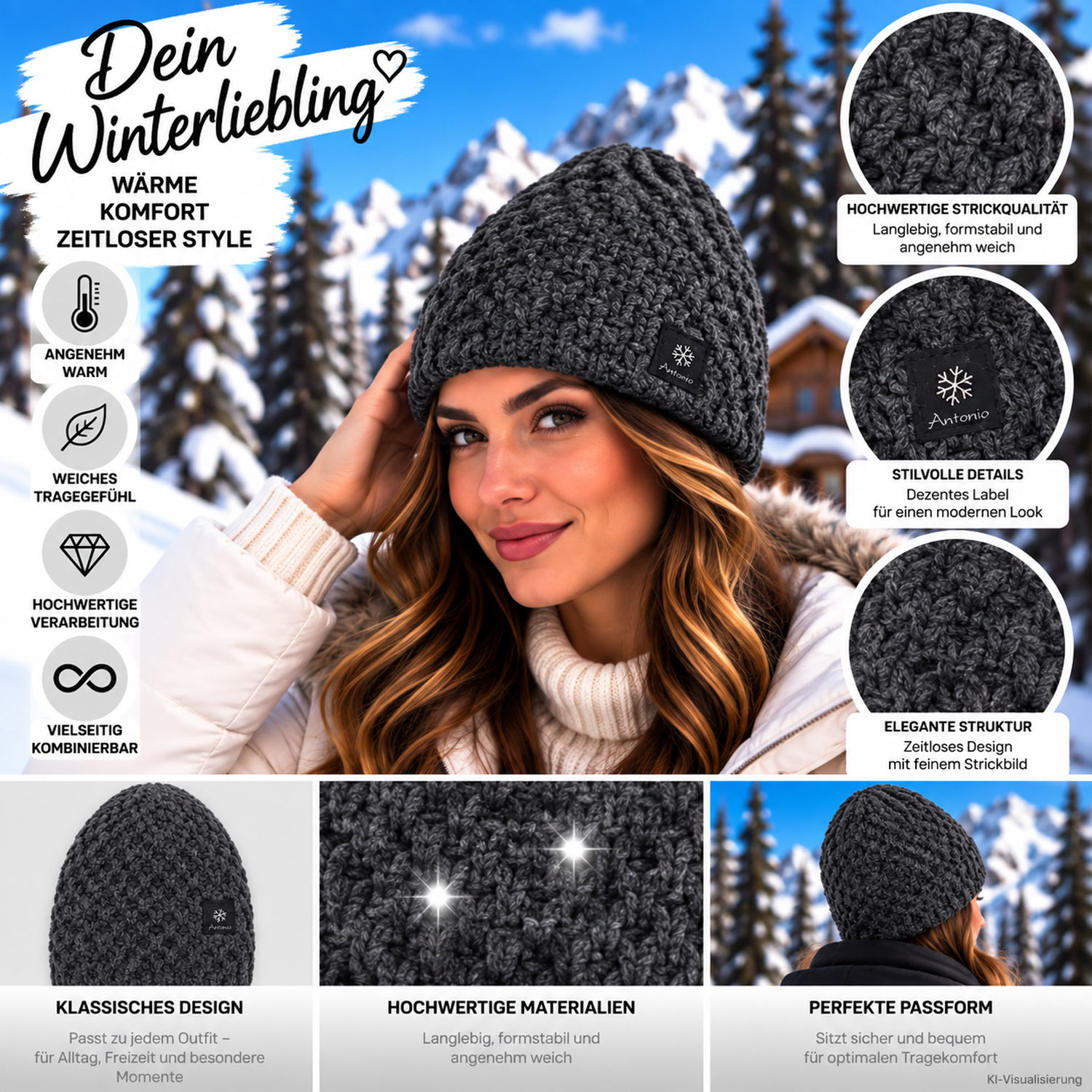 Antonio Damen Winter Strickmütze - schwarz Abbildung 3