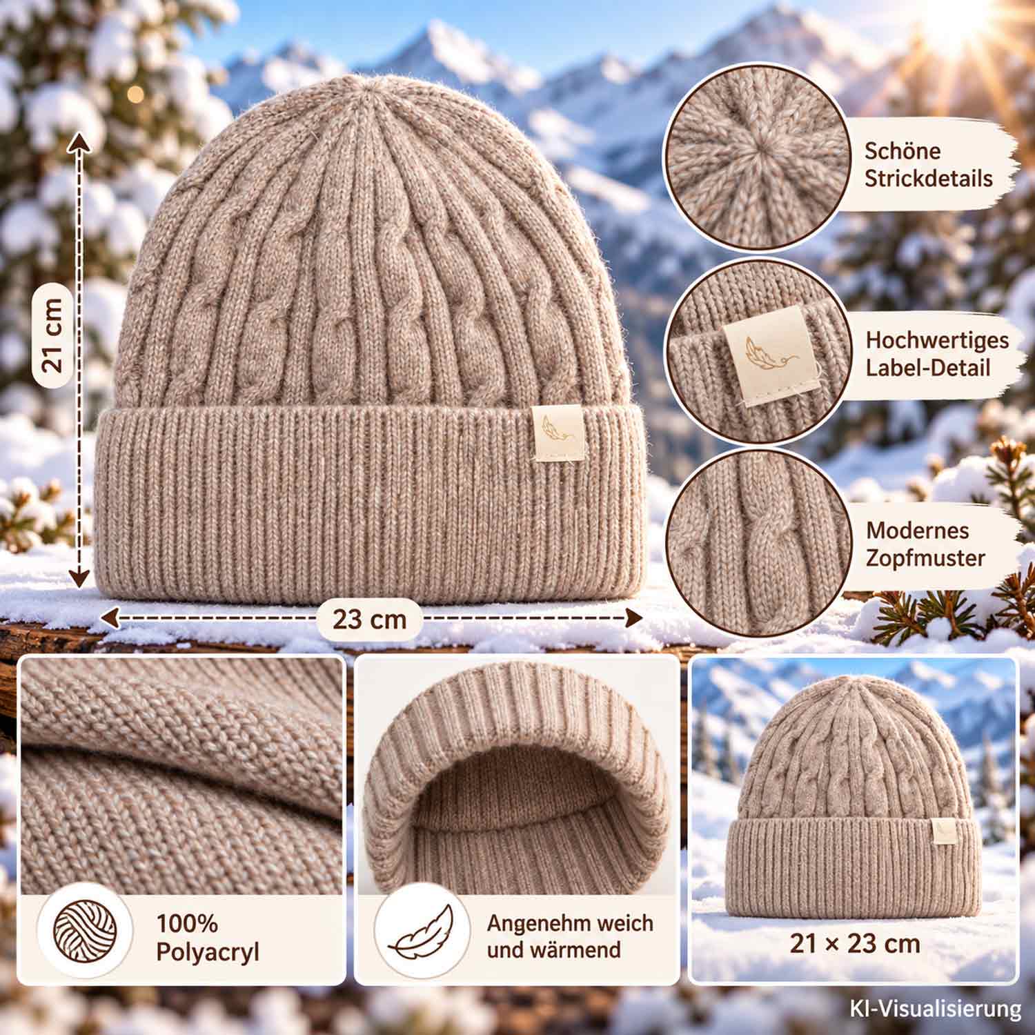 Cashmera Beanie Strickmütze mit Zopfmuster und Umschlag - braun Abbildung 3