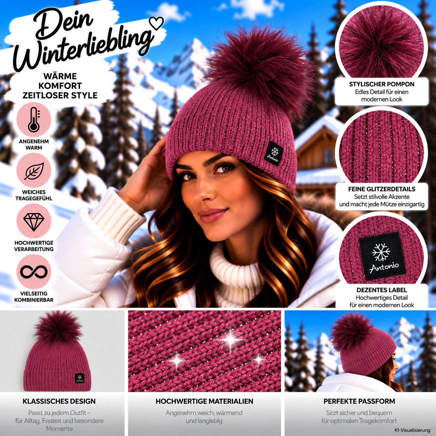 Antonio Damen Winter Strick Mütze - berry Abbildung 3