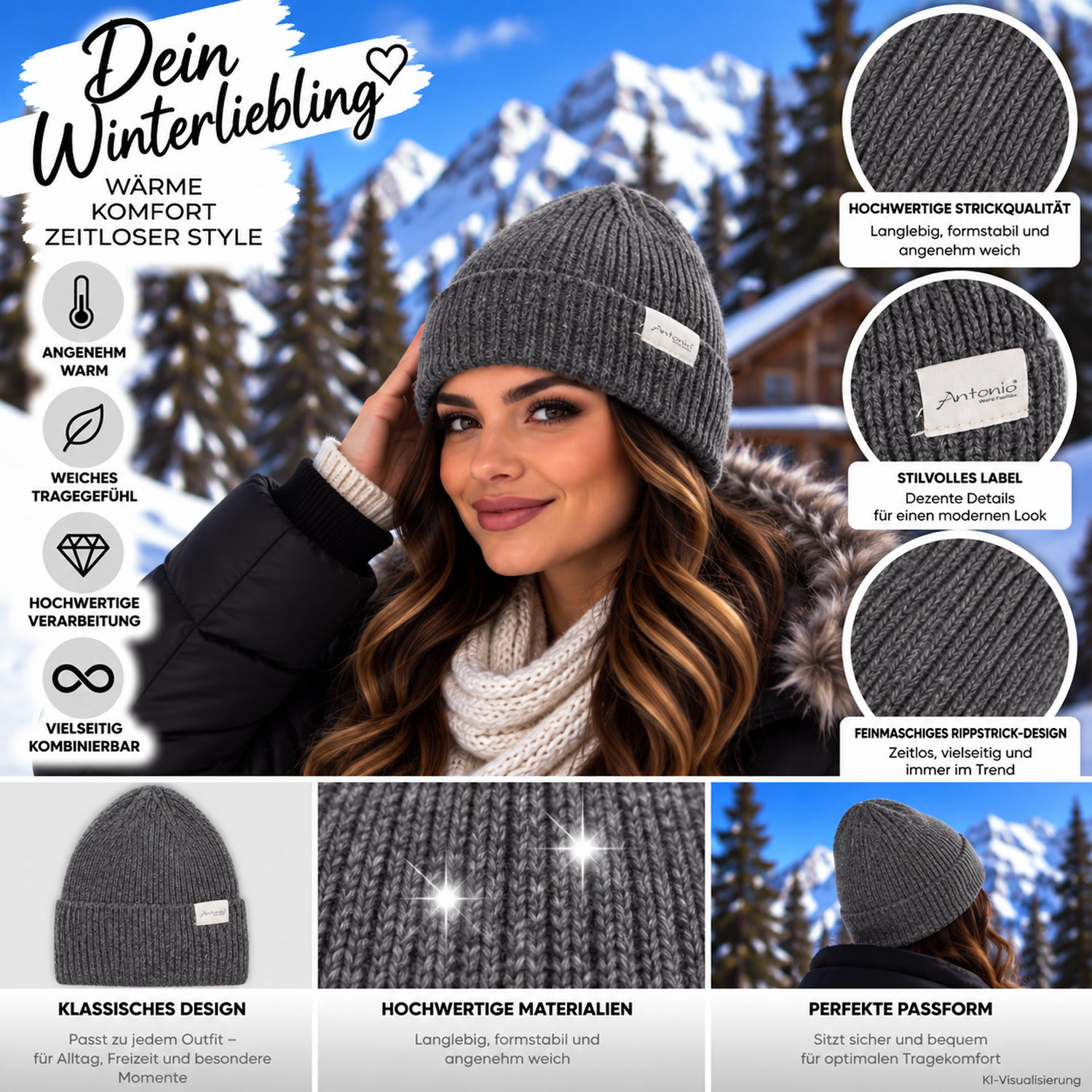 Antonio Winter Strickmütze Beanie mit Umschlag W23/24 dark grey Abbildung 3