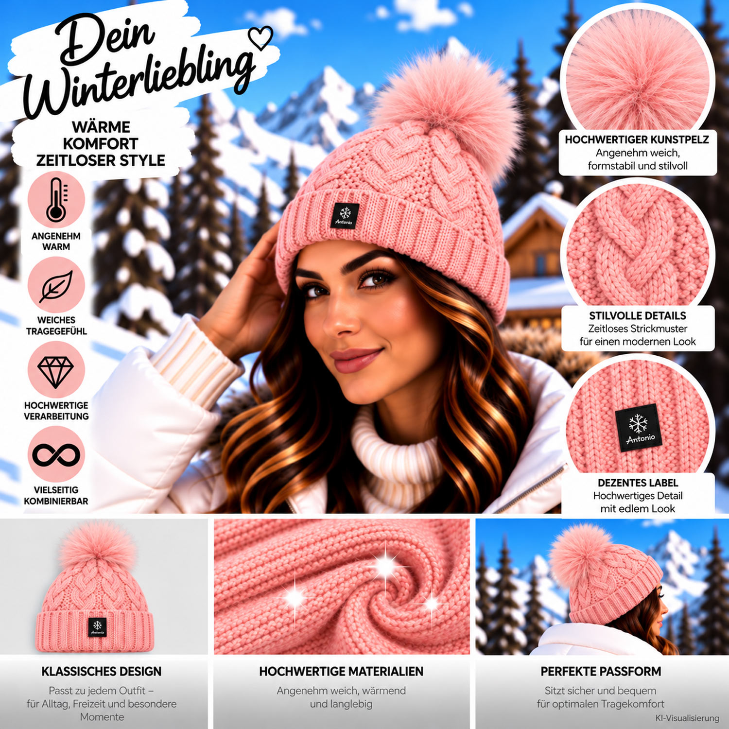 Antonio Damen Strick Mütze Beanie - rose Abbildung 3