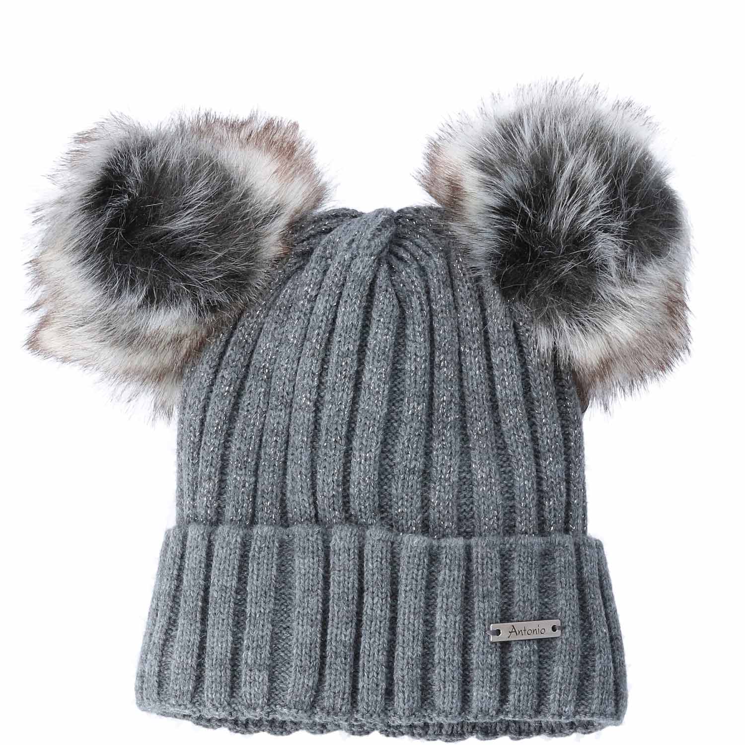 Antonio Lady Winter Hat Panda With 2 Pom Pom Beanie  grau