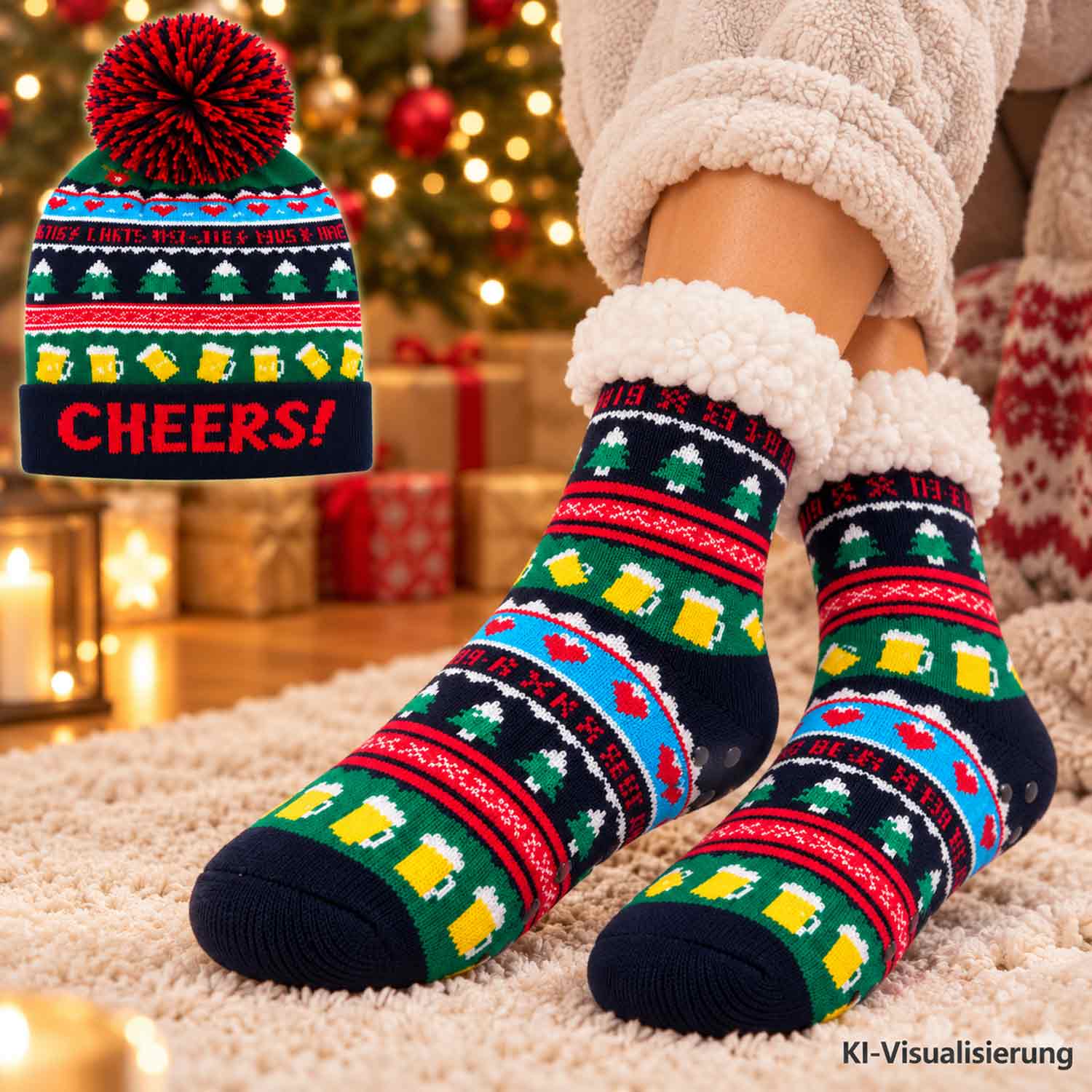 Antonio Weihnachtsset mit LED-Mütze + Hüttensocken Gr. 35-42 - rot Abbildung 3