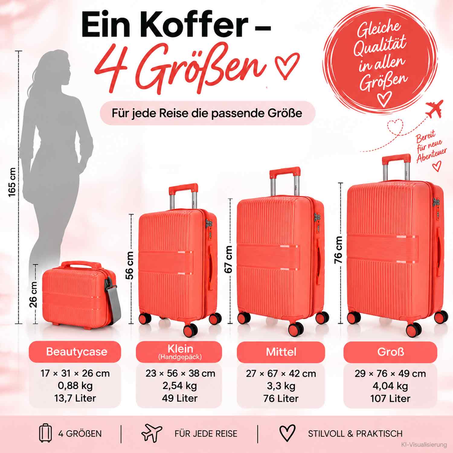 DYX 4 Rollen Trolley 4er Set  S/M/L/Beauty Case Rom orange Abbildung 2