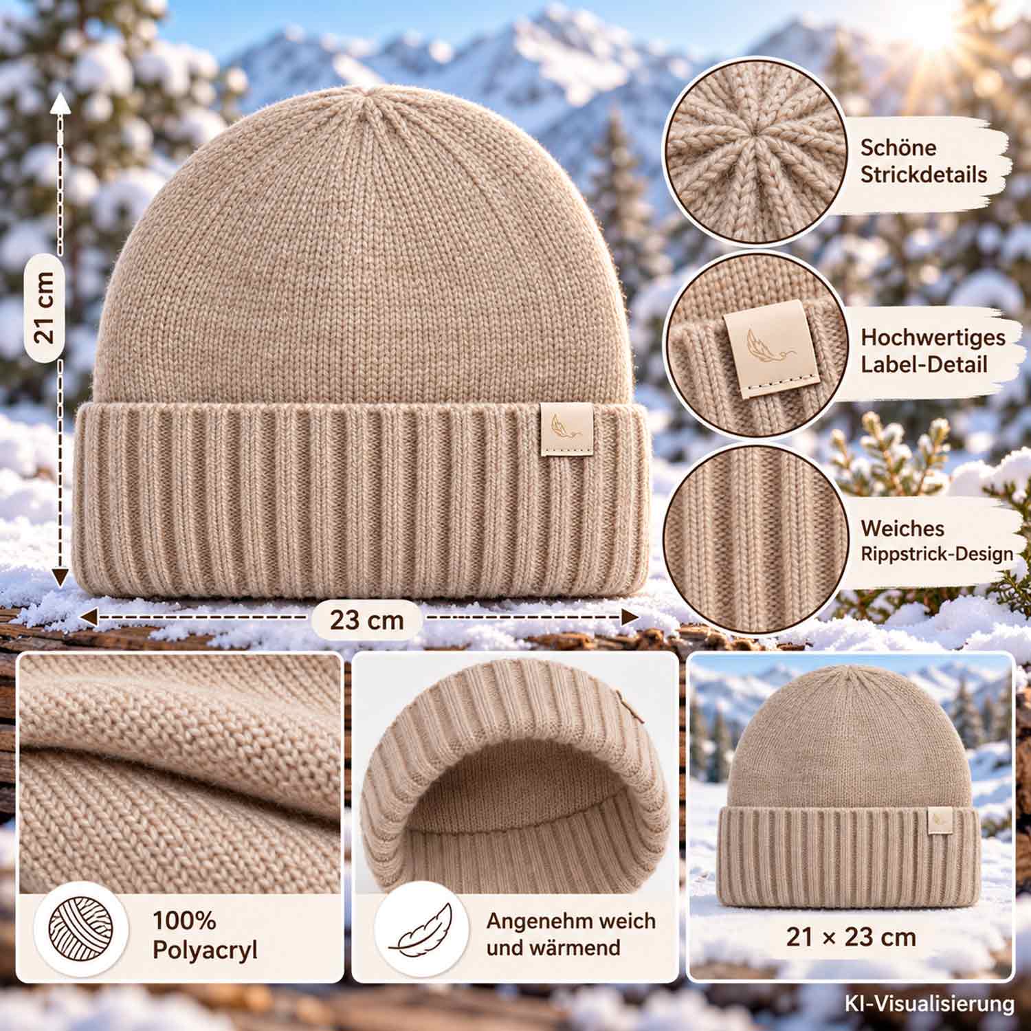 Cashmera Beanie Strickmütze mit Umschlag - braun Abbildung 3