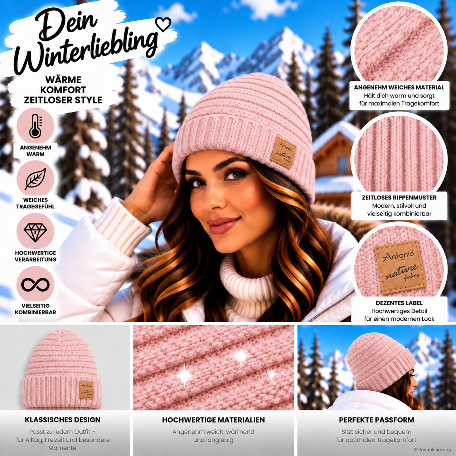 Antonio Damen Strick Mütze Bouclé Beanie - Rosa Abbildung 3