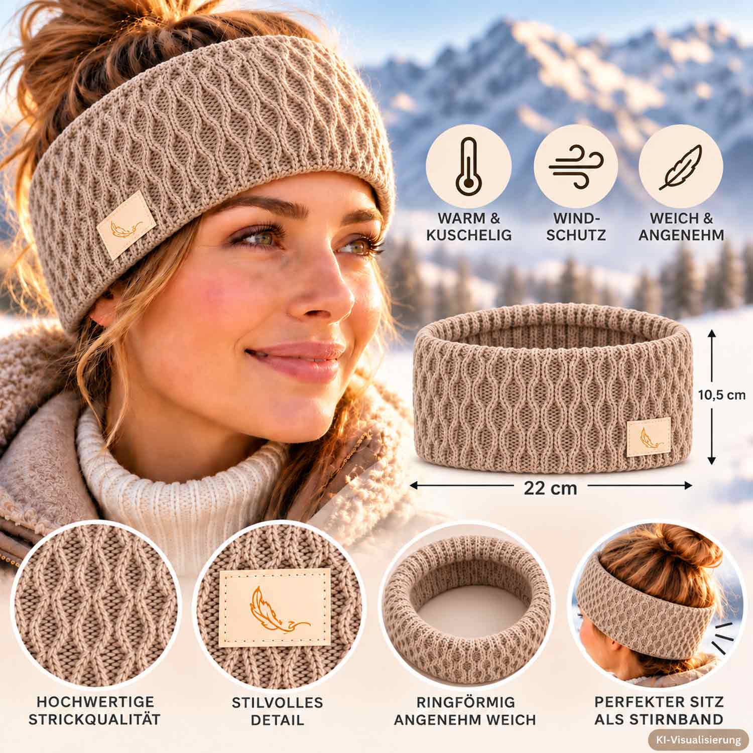 Cashmera Strick Stirnband mit Fleece-Futter - braun Abbildung 3