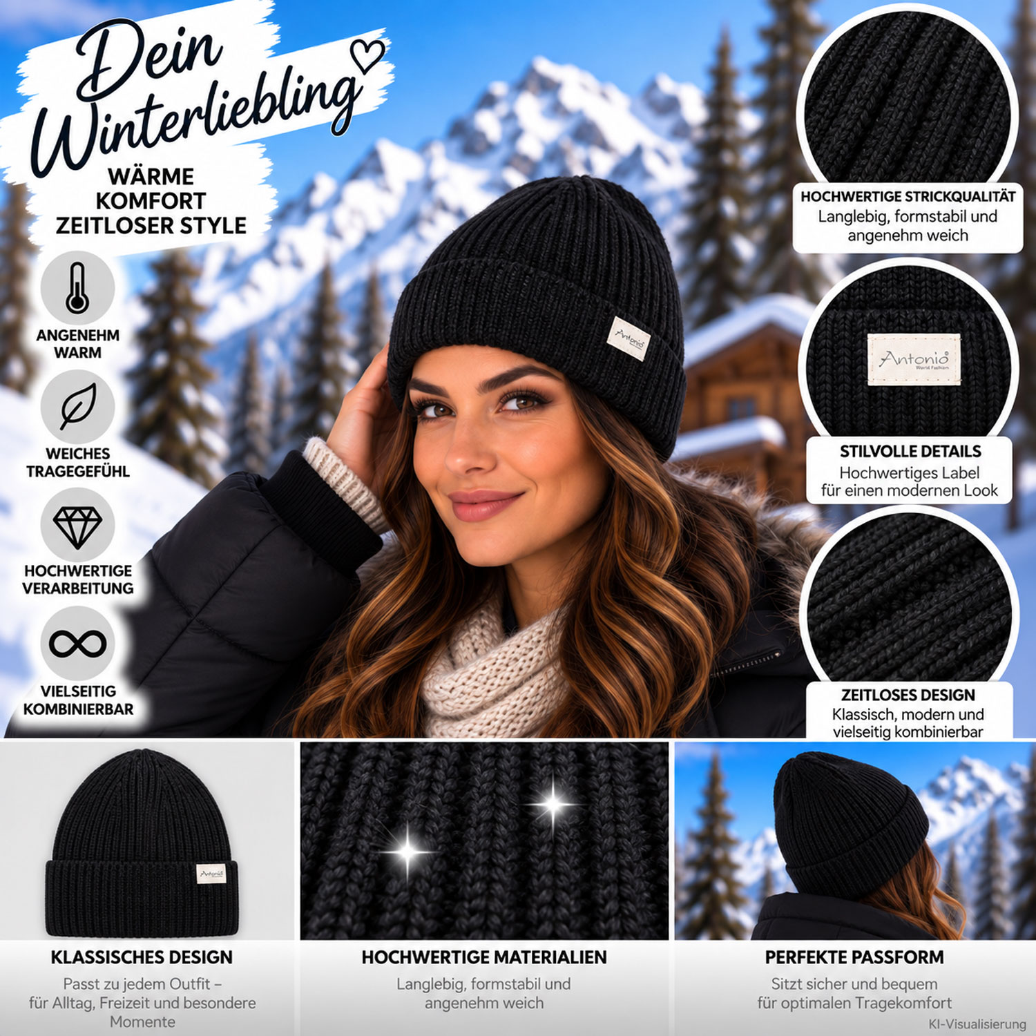 Antonio Winter Strickmütze Beanie mit Umschlag - Black Abbildung 3